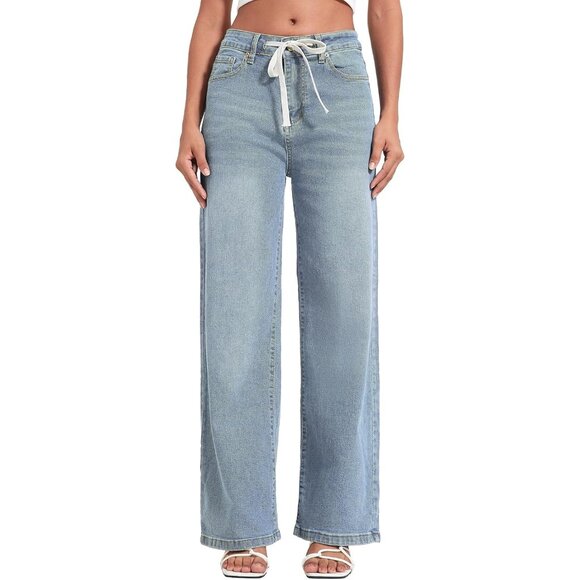 Womens High Waist Wide Leg Denim Jeans Drawstring Casual Cotton Polyester - Picture 2 of 7